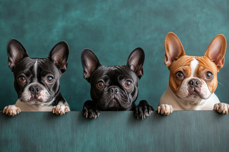 Three French Bulldogs with distinct colors curiously peering over a green background indoors.の写真素材