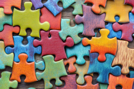 Vibrant puzzle pieces in various colors are spread out on a textured wooden table surface.の写真素材