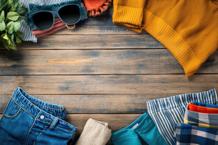 A casual assortment of folded clothes, sunglasses, and leaves set on a rustic wooden table for style choices.の写真素材