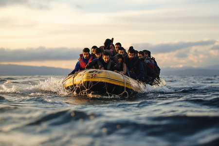 A group of refugees is in an inflatable boat, bravely crossing turbulent waters at sunset.の写真素材