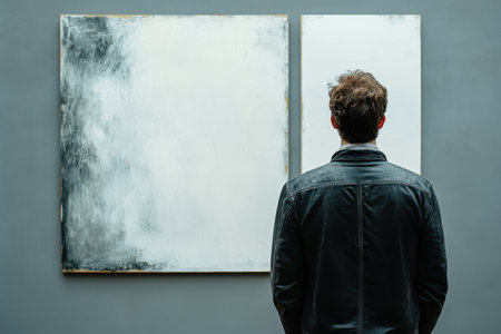 A man stands in front of two large abstract paintings in a minimalist gallery, deep in thought.の写真素材