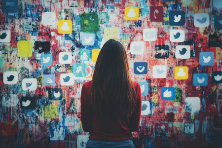 A person admires a vibrant mural filled with various social media icons in a lively urban space.の写真素材