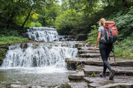 A person with a backpack navigates a rocky path near a beautiful waterfall surrounded by vibrant greenery.の写真素材