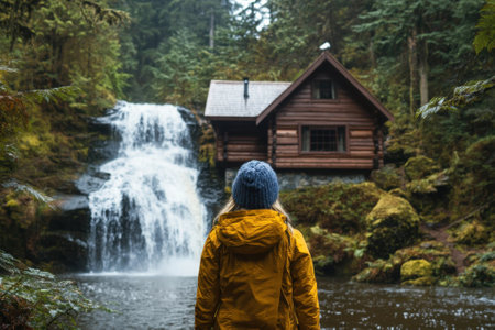 A person in a yellow jacket admires a beautiful waterfall next to a cozy wooden cabin surrounded by lush trees.の写真素材