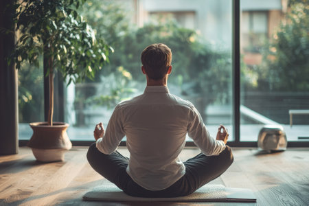 A person sits in a meditative pose on a mat, peaceful and focused, with plants and natural light providing serenity.の写真素材