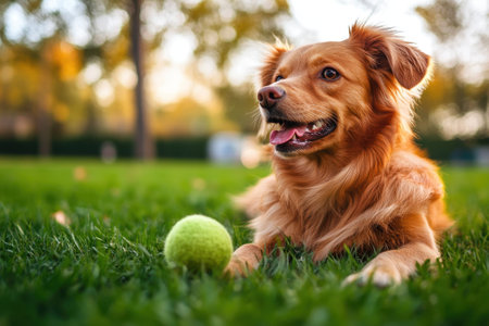 A golden retriever lies on grass, happily watching a green tennis ball on a sunny afternoon in a park.の写真素材