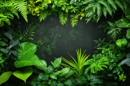 Rich varieties of plants and leaves fill the frame, showing the beauty of nature in a tranquil garden.の写真素材