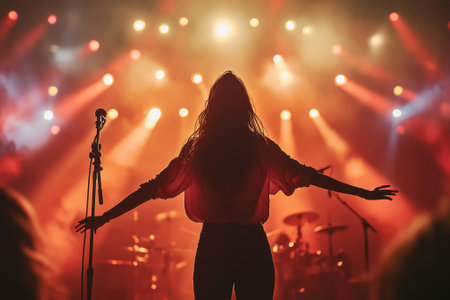 A performer stands with arms outstretched on stage, surrounded by colorful lights during an energetic concert.の写真素材