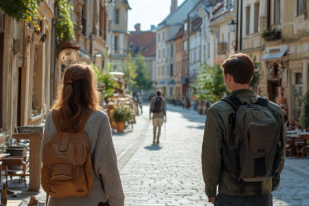 Two travelers stroll a charming cobblestone street filled with quaint shops and cafes, savoring the bright vibe.の写真素材