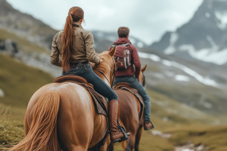 Two riders enjoy a tranquil ride on horseback through lush mountains under a cloudy sky.の写真素材