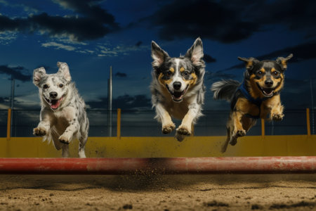 Three dogs leap gracefully over a hurdle at dusk, showing their agility and speed during training.の写真素材