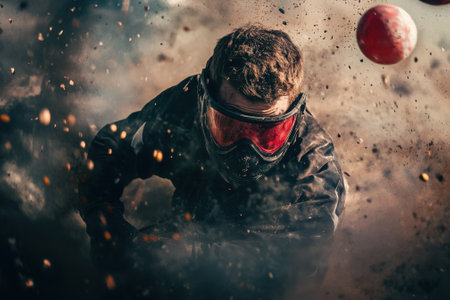 A paintball player in gear ducks and moves amid exploding paintballs, capturing dynamic action and excitement.の写真素材
