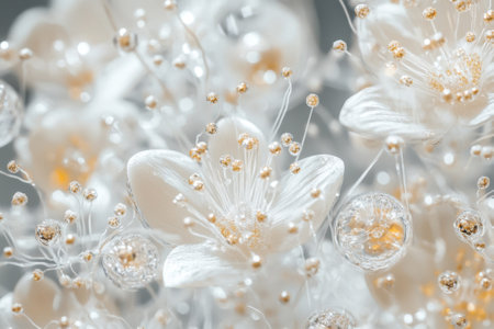 A close-up view of elegant white flowers enhanced with translucent beads, creating a sophisticated display.の写真素材