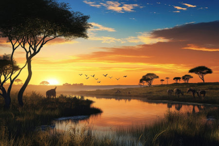 Golden hues illuminate the river as birds fly across the sky and animals gather at sunset.の写真素材