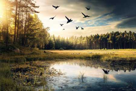 A peaceful lake reflects the sky as birds soar overhead, surrounded by lush trees and evening light.の写真素材