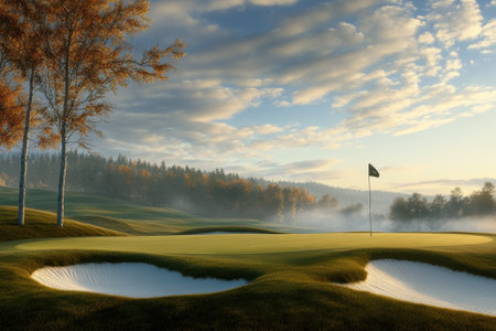 Soft morning light illuminates a tranquil golf course featuring vibrant green fairways and a flagstick.の写真素材