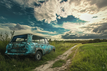 An old, rusted car sits next to a dirt road, surrounded by vibrant green grass and a wide, cloudy sky.の写真素材