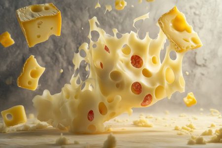 Floating cheese pieces in mid-air create a fun and lively atmosphere, showcasing their playful splendor.の写真素材