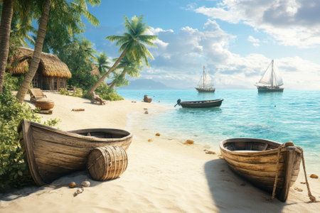 Wooden boats rest on a sandy beach while sailboats drift calmly in the turquoise waters under a bright sky.の写真素材