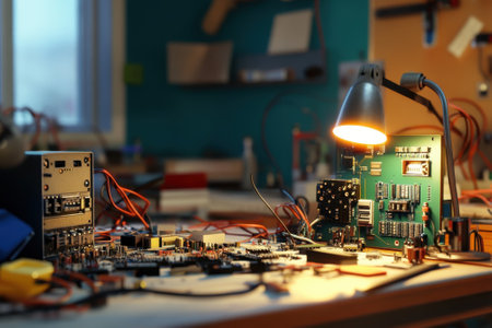 An illuminated workbench displays various electronic components and tools, highlighting intricate circuits.の写真素材