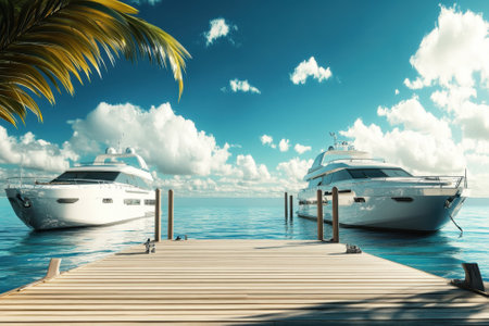 Two elegant yachts rest peacefully at a wooden pier with vibrant blue water and fluffy clouds above.の写真素材