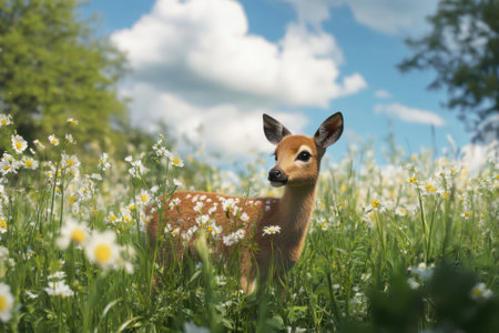 A curious fawn stands in a field filled with daisies and greenery, basking in the sunlight and fresh air.の写真素材