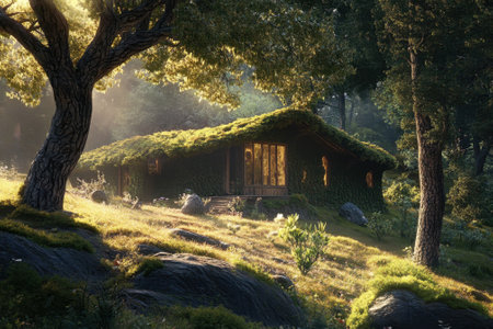 A charming wooden cabin nestled in a vibrant green forest, bathed in warm sunlight during early morning.の写真素材