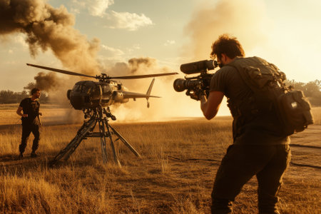 A film crew captures intense moments with a helicopter as smoke billows in the sunset-lit field.の写真素材