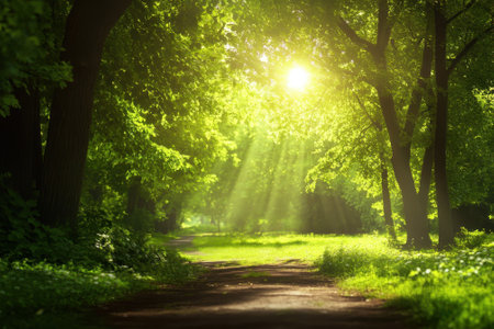 Soft sunlight illuminates a serene path surrounded by lush greenery in a peaceful forest setting.の写真素材