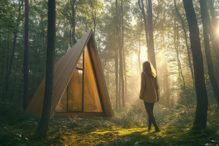 A woman stands peacefully near a triangular cabin immersed in morning sunlight in a lush forest.の写真素材