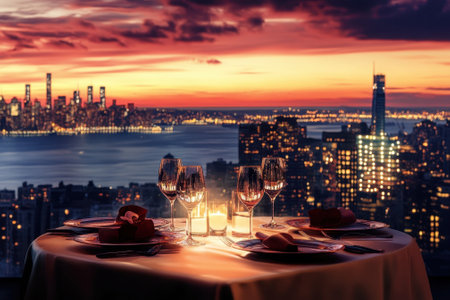 A beautifully arranged table for two overlooks the New York City skyline at sunset, creating a romantic atmosphere.の写真素材