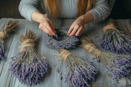 A woman skillfully assembles lavender wreaths on a textured wooden surface surrounded by lavender bundles.の写真素材