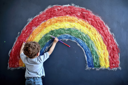 A young child uses colorful chalk to draw a large rainbow on a blackboard in an educational setting.の写真素材