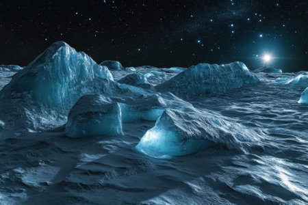 Vast icy formations rise from an alien surface, illuminated by distant stars and a glowing light in the background.の写真素材