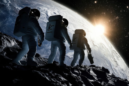 Three astronauts walk across the lunar landscape with Earth shining brightly in the distance as the sun rises.の写真素材