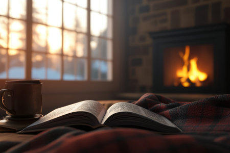 A warm, inviting space features an open book, a steaming mug, and a flickering fireplace during sunset.の写真素材