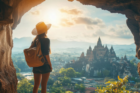 A traveler stands at a cave entrance, admiring the sunrise over a historic temple landscape in the distance.の写真素材