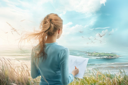 A young woman sketches an island scene while enjoying the wind and view by the ocean under a bright sky.の写真素材