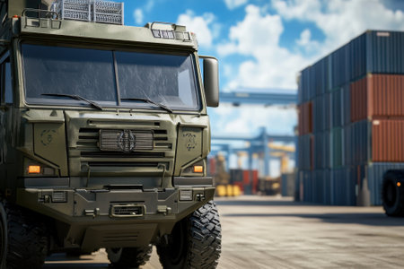 A rugged military truck stands prominently in a cargo port filled with stacked containers, showing a busy scene.の写真素材