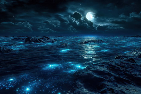 Waves glow with bioluminescence while clouds scatter light from a bright full moon at night.の写真素材