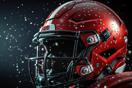 A red football helmet showcases reflective details and sparkling effects against a dark backdrop.の写真素材