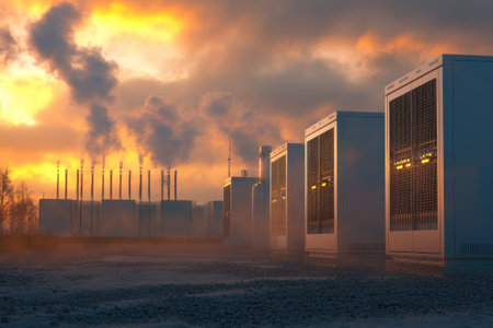 Smokestacks release steam into the sky as industrial equipment stands against a colorful sunset backdrop.の写真素材