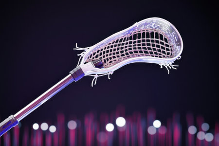 A lacrosse stick stands out with its netting under colorful lighting at a sports event, showcasing its design.の写真素材