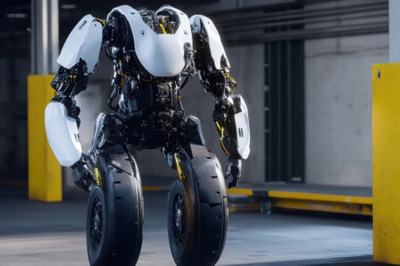 A cutting-edge robot prototype moves gracefully within a modern industrial space, showcasing its design.の写真素材