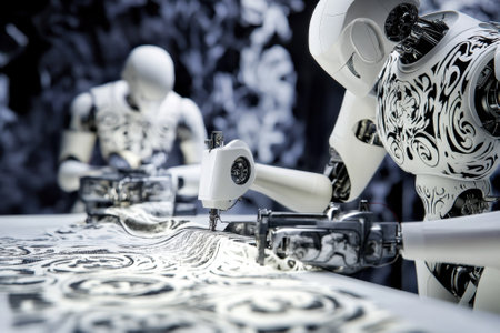 Advanced robots are creating detailed fabric designs in a contemporary workshop with soft evening lighting.の写真素材