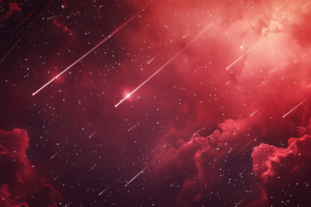 Streaks of light traverse a rich red and purple cosmic background, showcasing a stunning celestial display.の写真素材