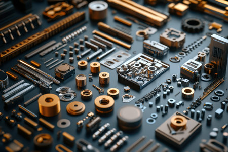 Various metallic parts and components are meticulously arranged on a dark background for design evaluation.の写真素材