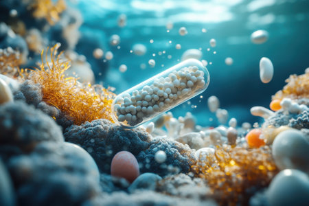 A transparent capsule filled with colorful spheres rests among vibrant coral in clear ocean waters.の写真素材