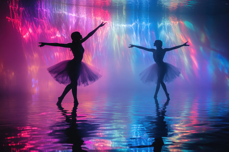 Two ballet dancers are elegantly positioned in water, surrounded by colorful, shimmering lights at twilight.の写真素材