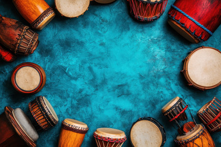 Colorful hand drums of different shapes and sizes surround a central space on a vivid blue backdrop.の写真素材